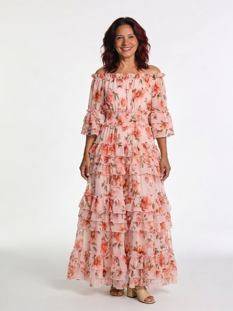 Розали | Рокля Макси с Цветен Дизайн и Ръкави Off Shoulder