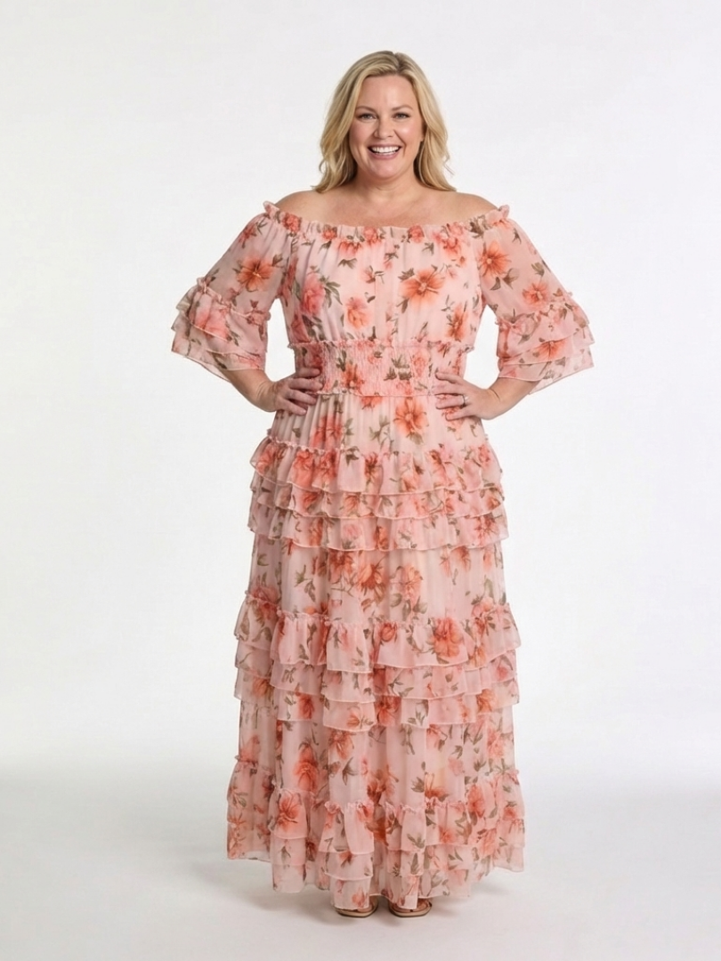 Розали | Рокля Макси с Цветен Дизайн и Ръкави Off Shoulder