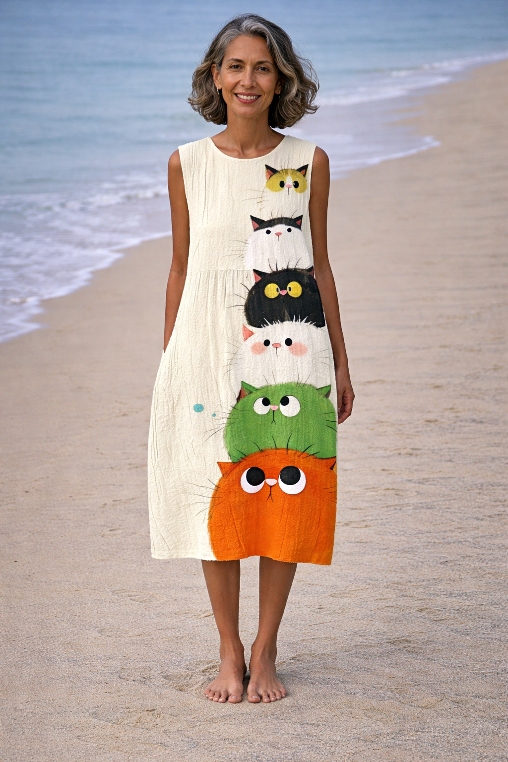 Zoé | Midi dress with a charming cat print