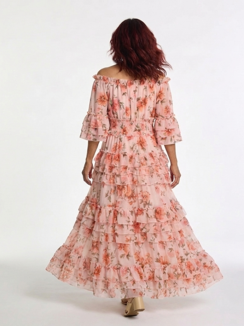 Розали | Рокля Макси с Цветен Дизайн и Ръкави Off Shoulder